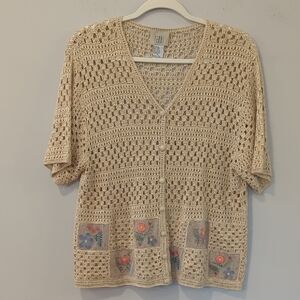Vintage Crochet Beige‎ Cardigan with Floral Accents Cottagecore size XL